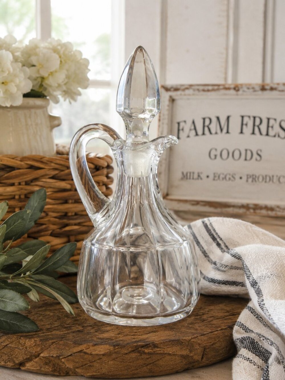 Vintage Clear Glass Cruet Decanter with Stopper Oil Vinegar Bottle Paneled Desig